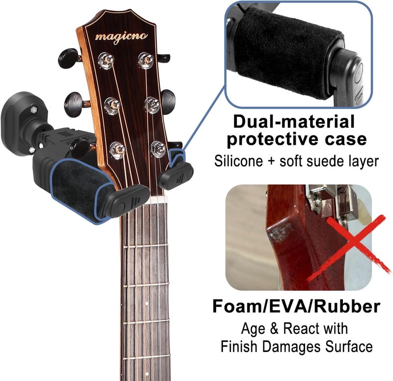 AUPHY 2-Pack Guitar Wall Hanger, Auto-Lock Guitar Wall Mount with Nitro-Safe Velvet, Universal Holder for Acoustic/Electric/Bass Guitars - Wall Guitar Mount Value Set (Nylon) - Image 2